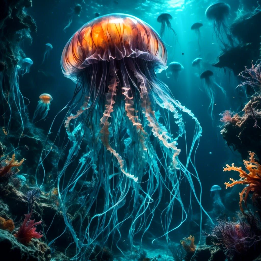 Ethereal Jellyfish Dance in Deep Sea