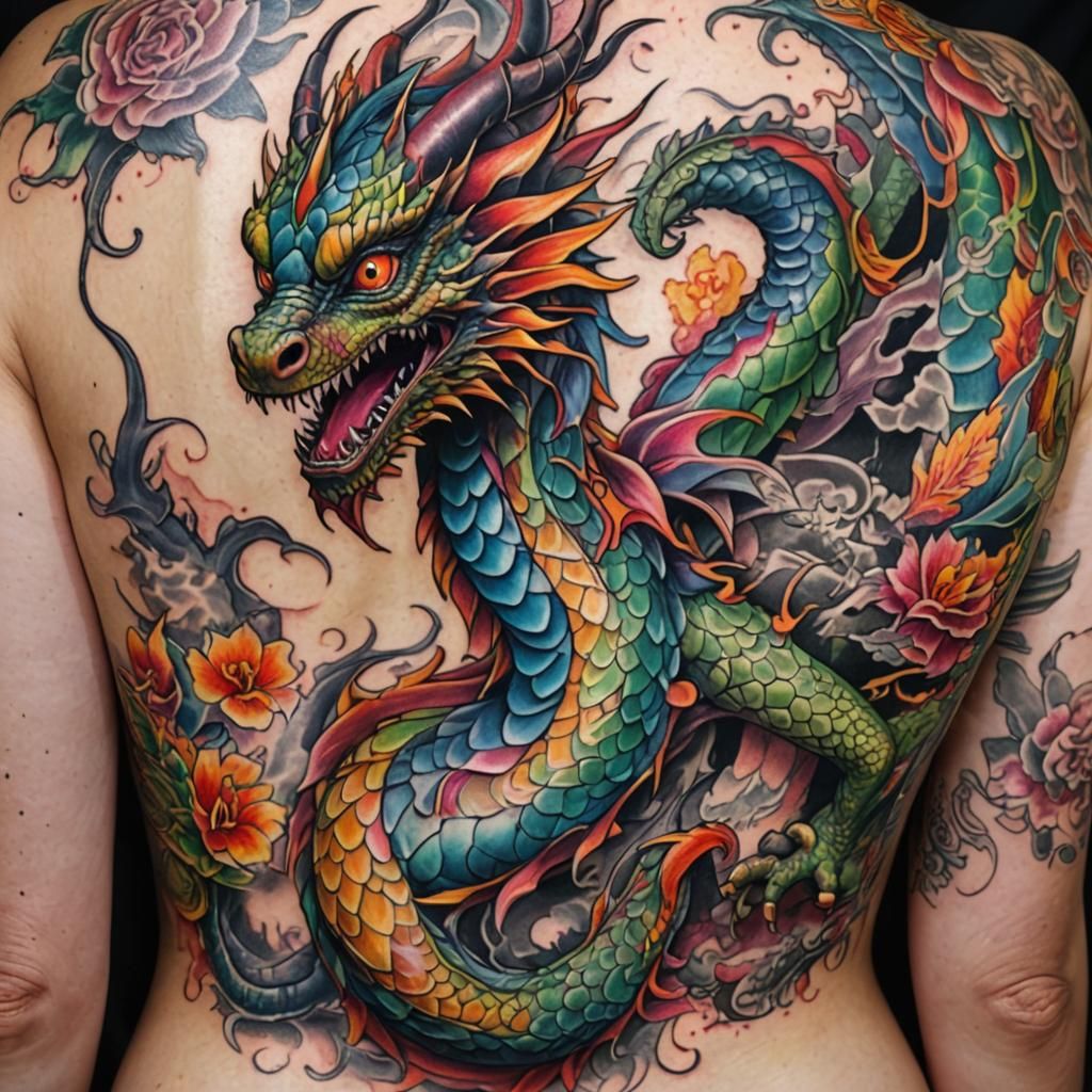 Intricate Dragon Tattoo Art on Woman's Back