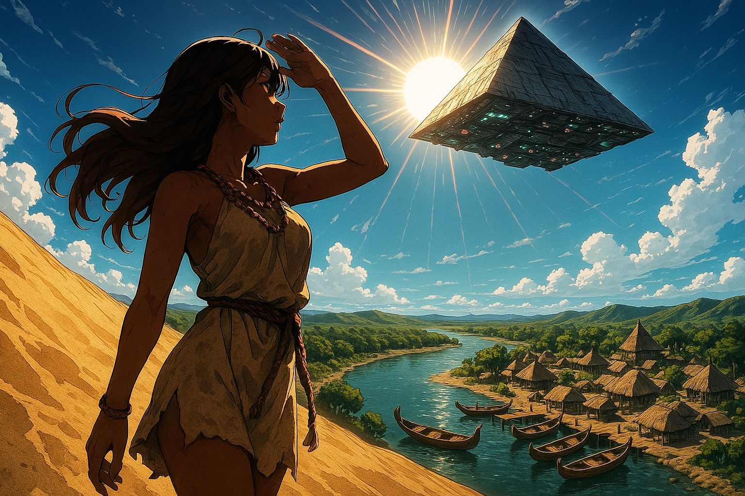 Anime Desert Oasis: Ancient Tribe Meets Futuristic Spaceship