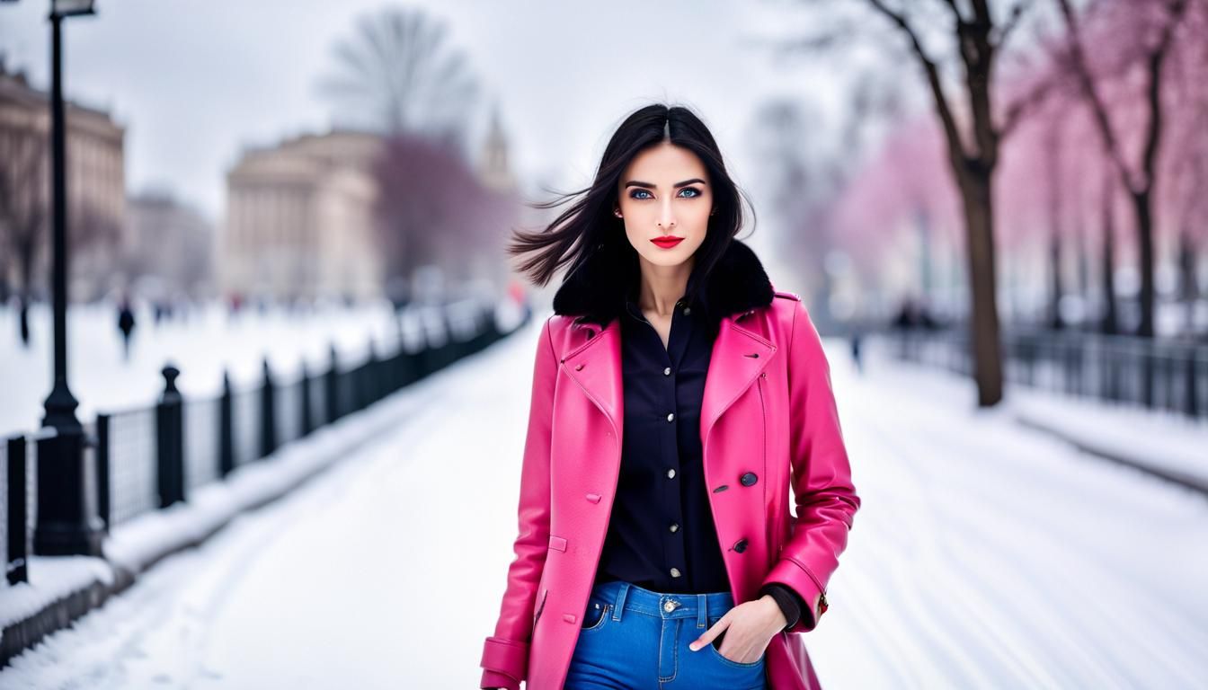 Beautiful Black-Haired Girl Skating in the Snow