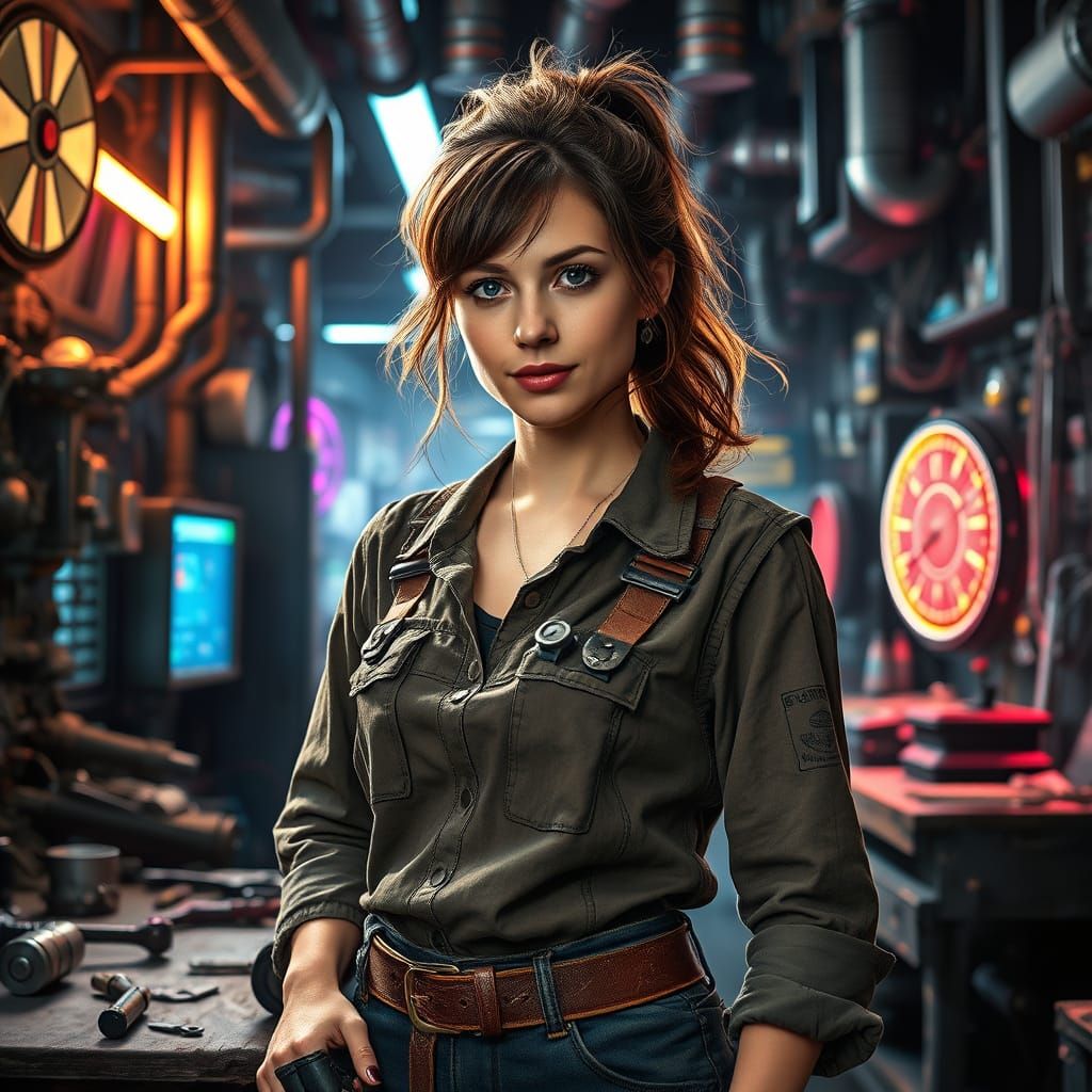 Confident Cyberpunk Mechanic in Futuristic Workshop