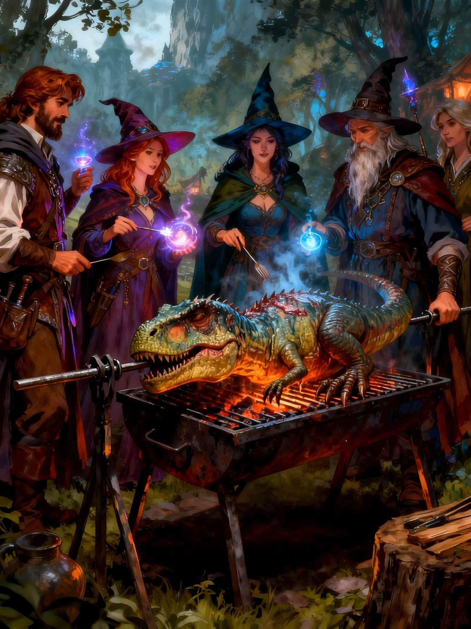 Fantasy Wizards BBQ with Roasted Dinosaur