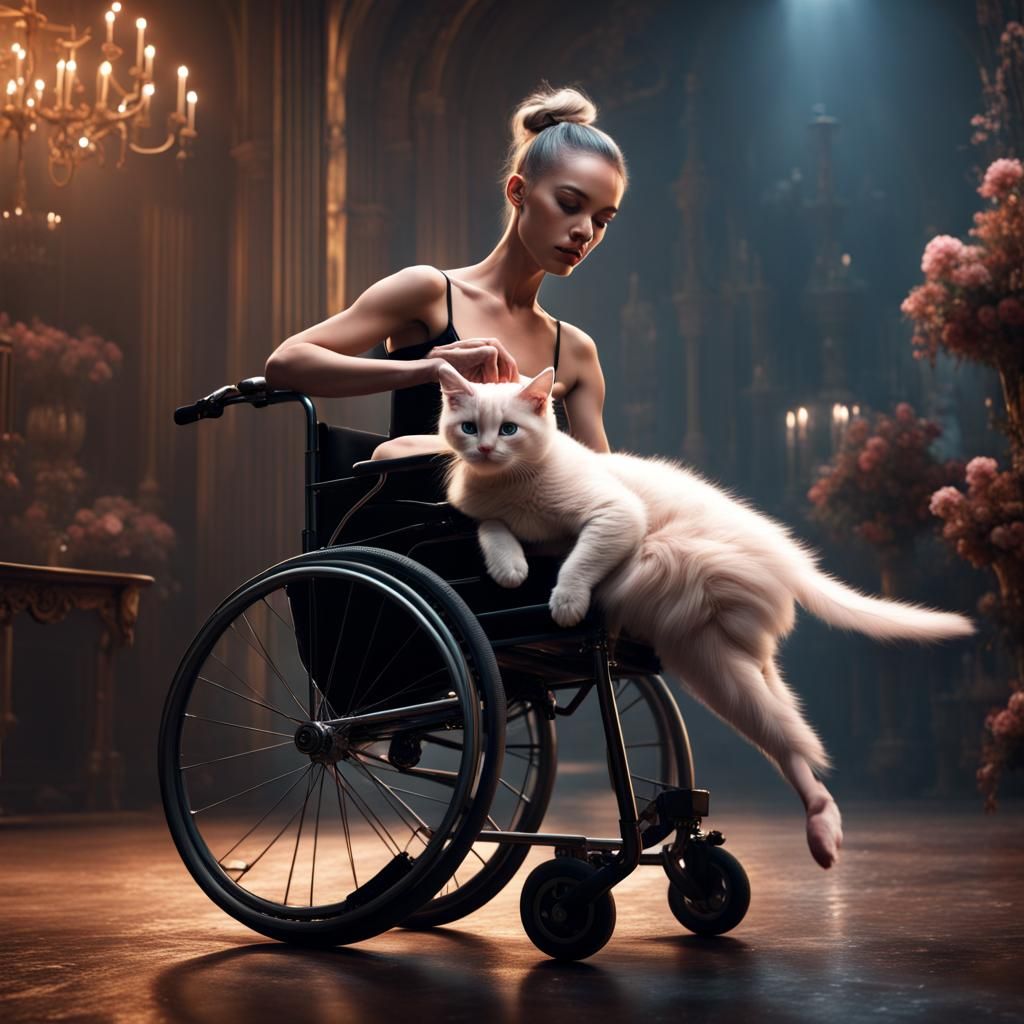 Ballerina in a wheelchair dancing and holding a kitten