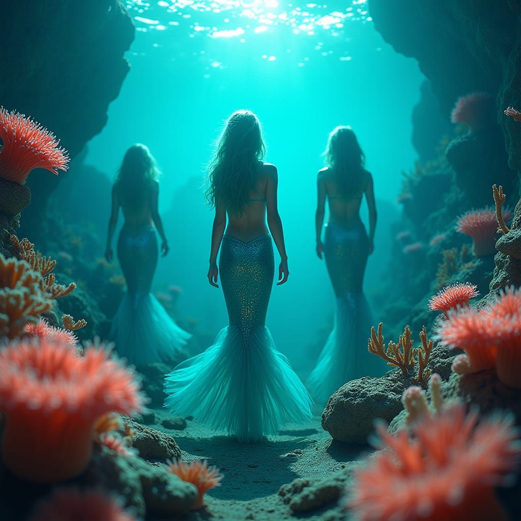 Vibrant Mermaids in Glowing Coral Reef Landscape