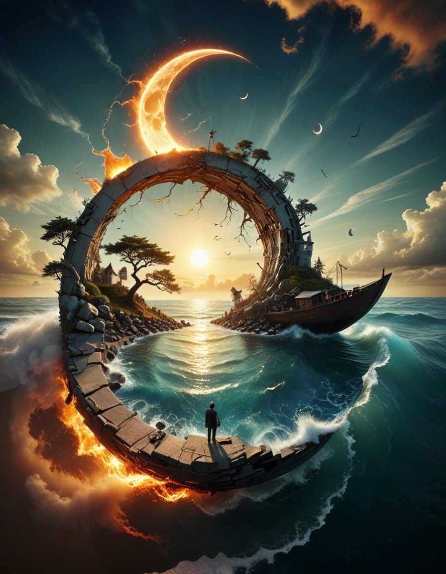 Surreal Dreamscape Within a Cracked MC Escher Cloudscape