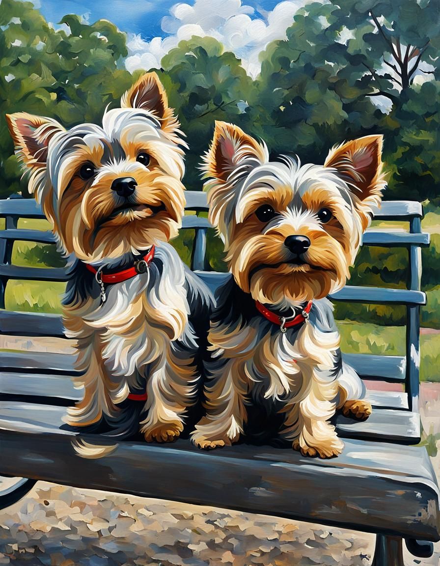 Yorkies on a Bench: Oil and Gouache Painting