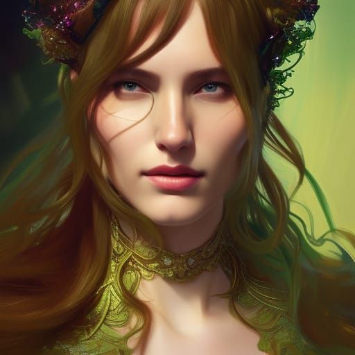 Queen in Yellow Gown with Emerald Crown, Detailed Portrait