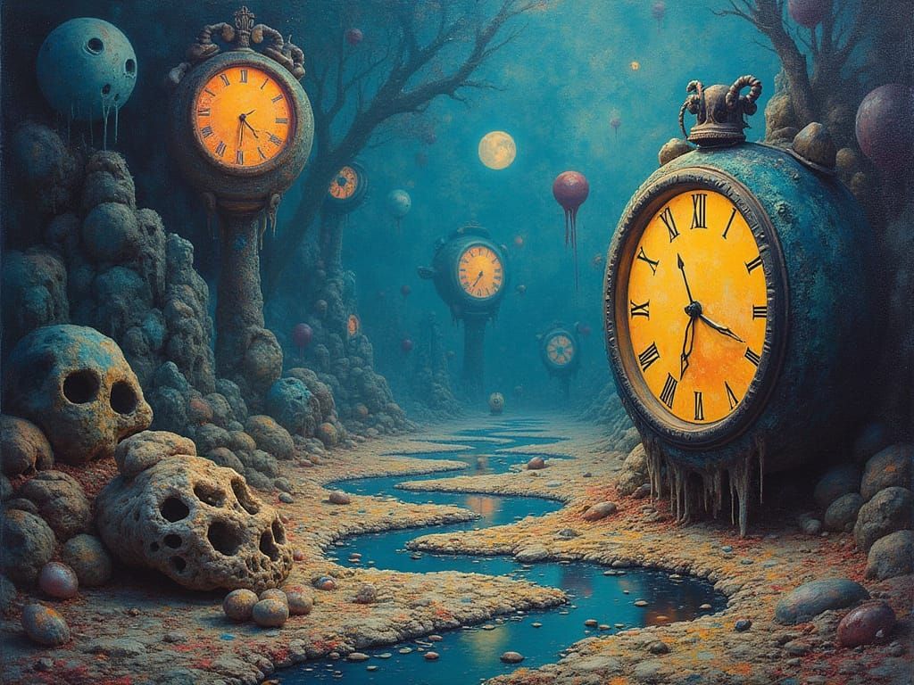 Surreal Landscape with Melting Clocks and Distorted Forms