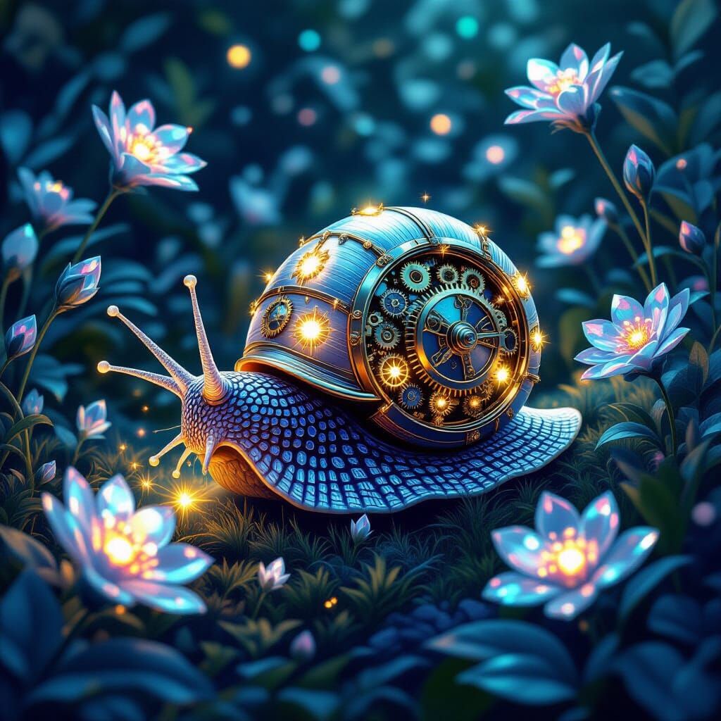 Bioluminescent Clockwork Snail in a Crystal Garden