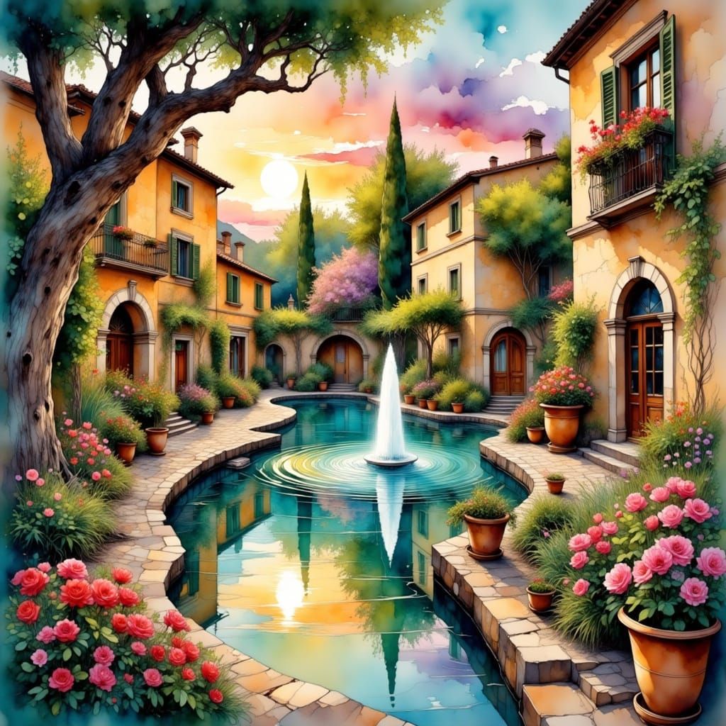 Ethereal Italian Courtyard Oasis in Painterly Splendor