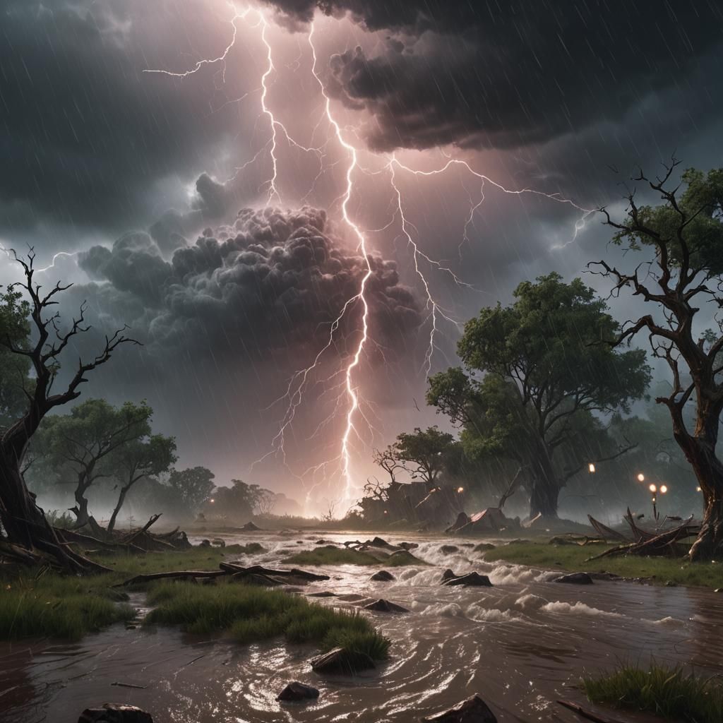Dramatic Flood Landscape Under Lightning, Fantasy Art