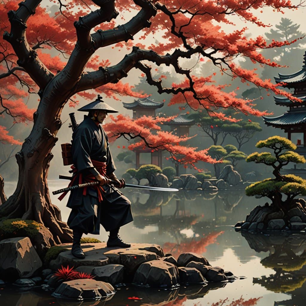 Ronin and Bonsai Tree in Japanese Ink Painting Style