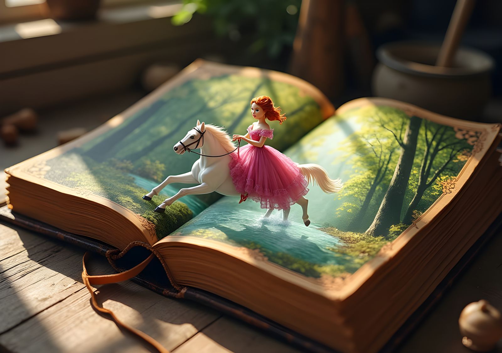 Victorian Lady Escapes Book on White Horse