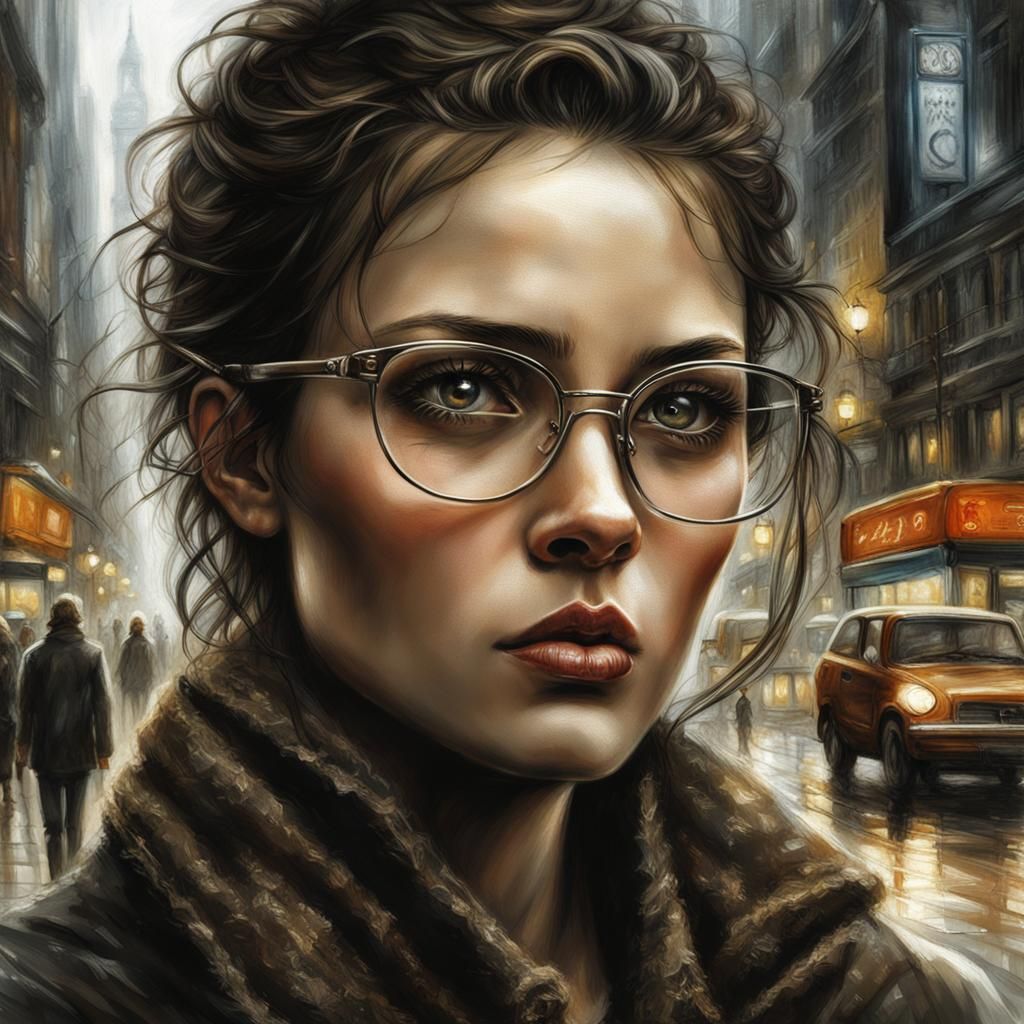 Woman in City Street: Hyperrealistic Portrait by Royo