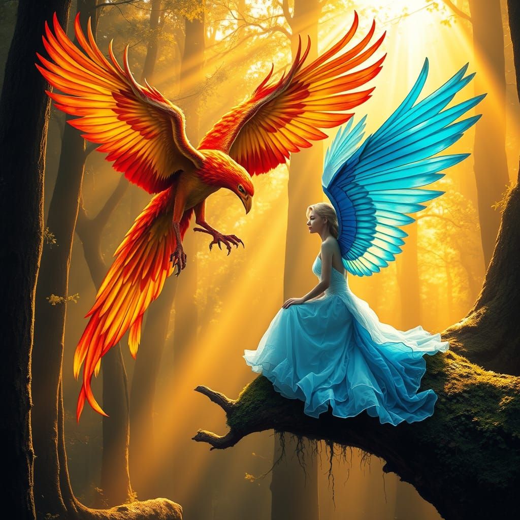 Phoenix and Winged Woman in Polychromatic Fantasy