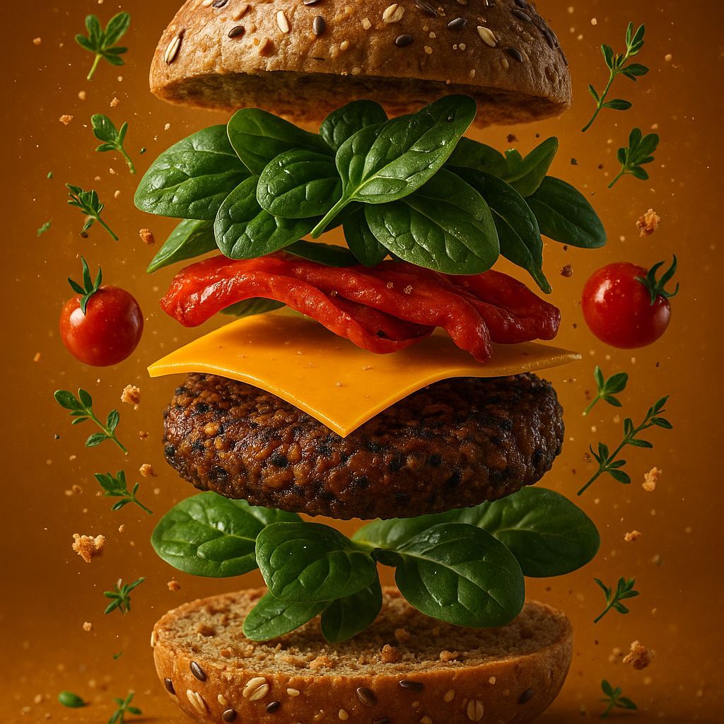Veggie Burger Explosion in Hyper-Realistic Style