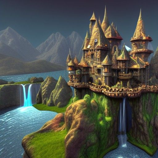 Fantasy Castle with Waterfalls, 3D Rendered