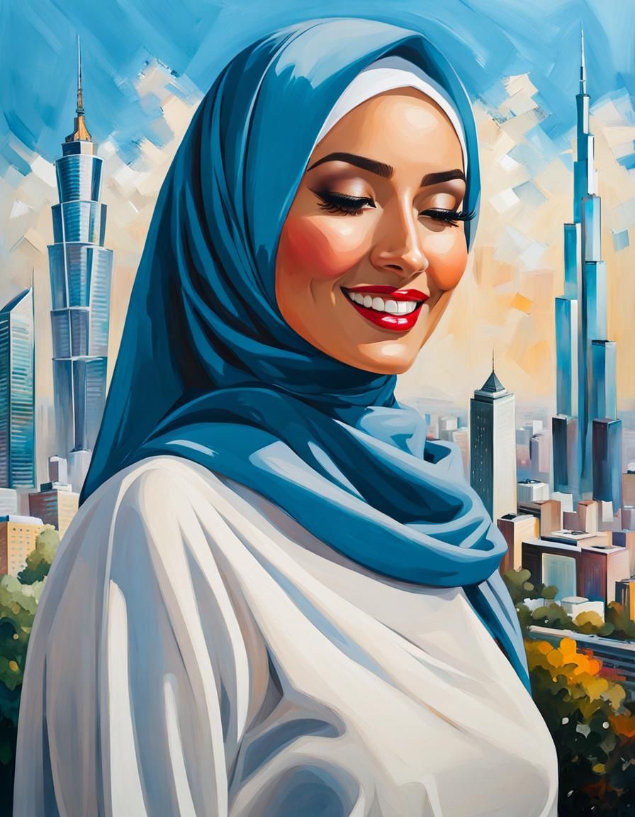 Elegant Hijabi Woman in Cityscape Oil Painting