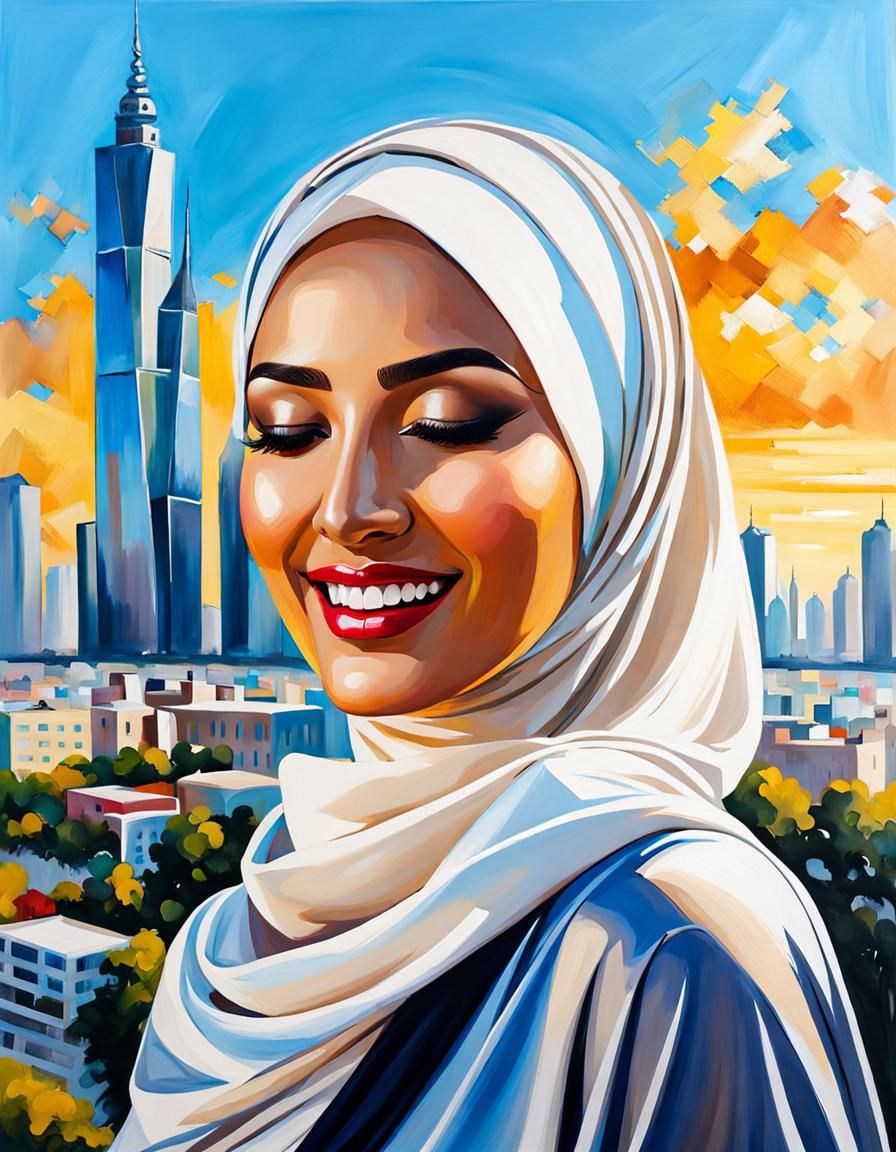 Elegant Hijabi Woman Smiling in Cityscape Oil Painting