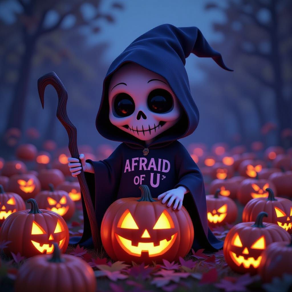 Cute Grim Reaper in Pumpkin Patch, Pixar Style