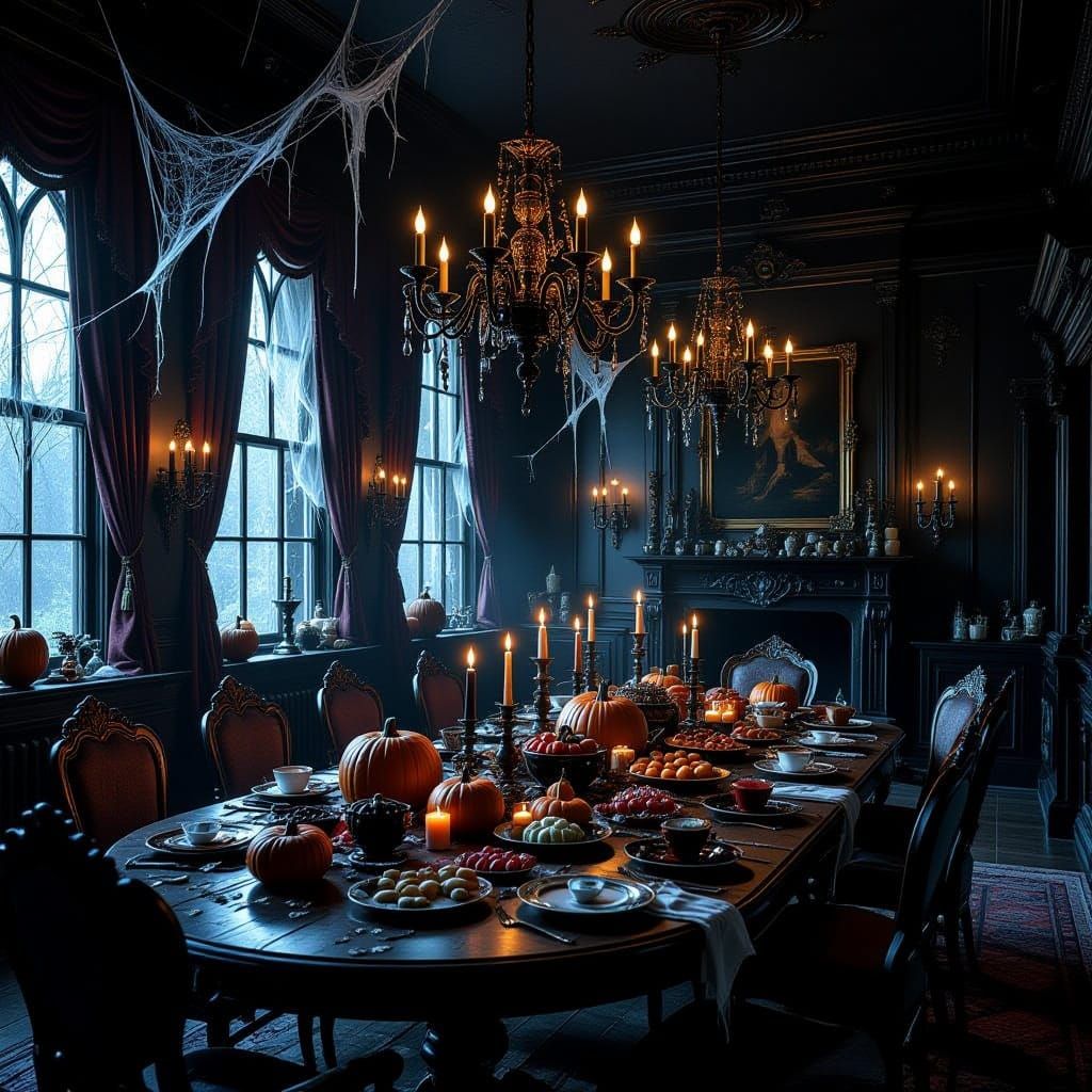Halloween Mansion Interior with Spooky Treats and Eerie Shad...
