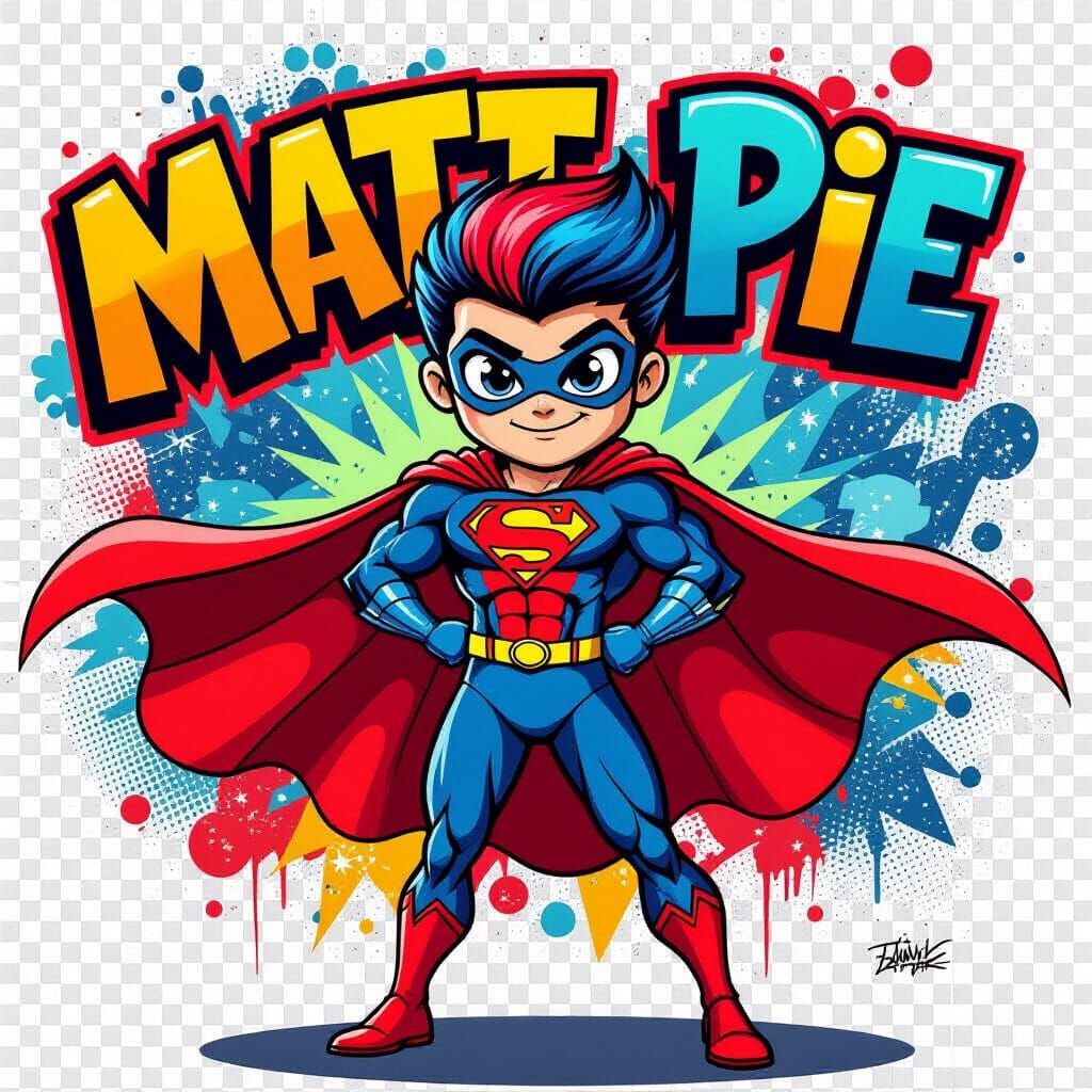 Cartoon Superhero with Bold Hairstyle and Graffiti Backgroun...