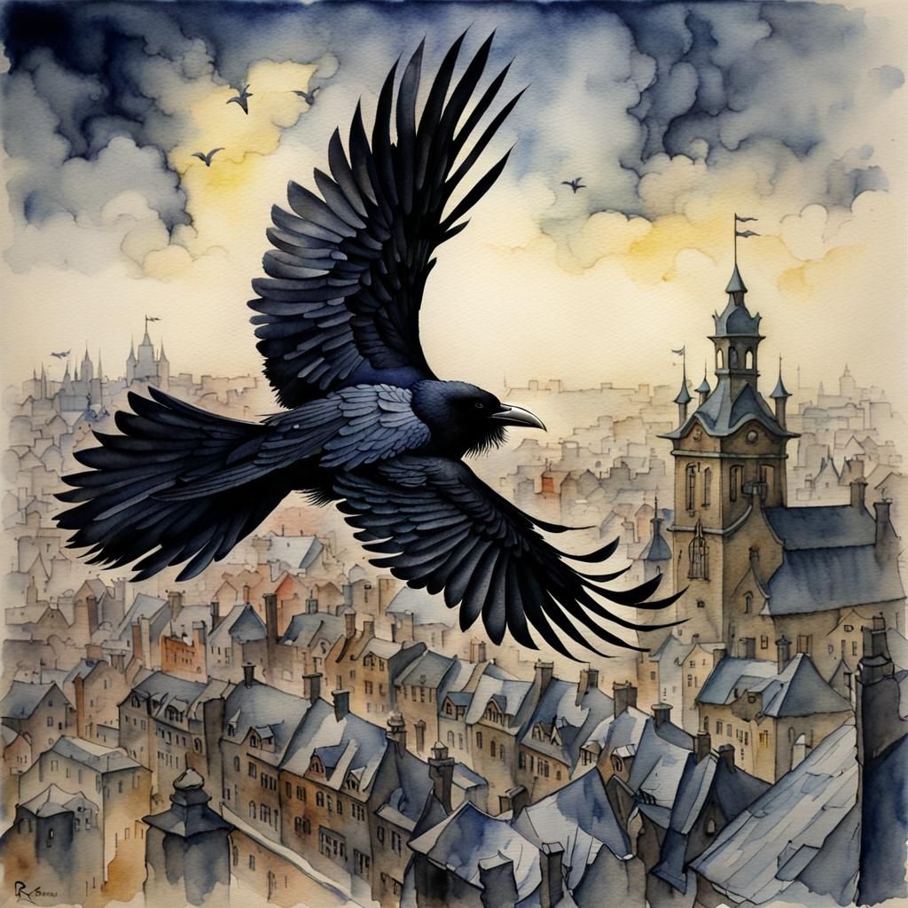 Raven Soaring Over City in Watercolour Style
