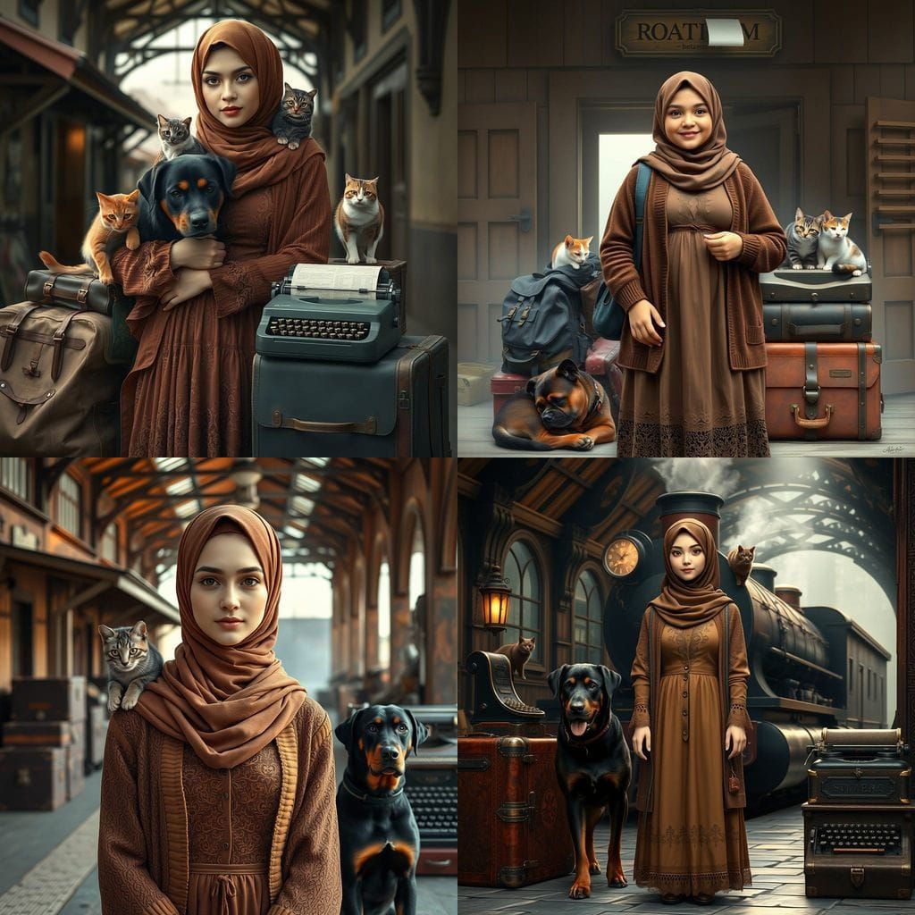 Chubby Hijabi Girl Surrounded by Loyal Pets in a Whimsical S...