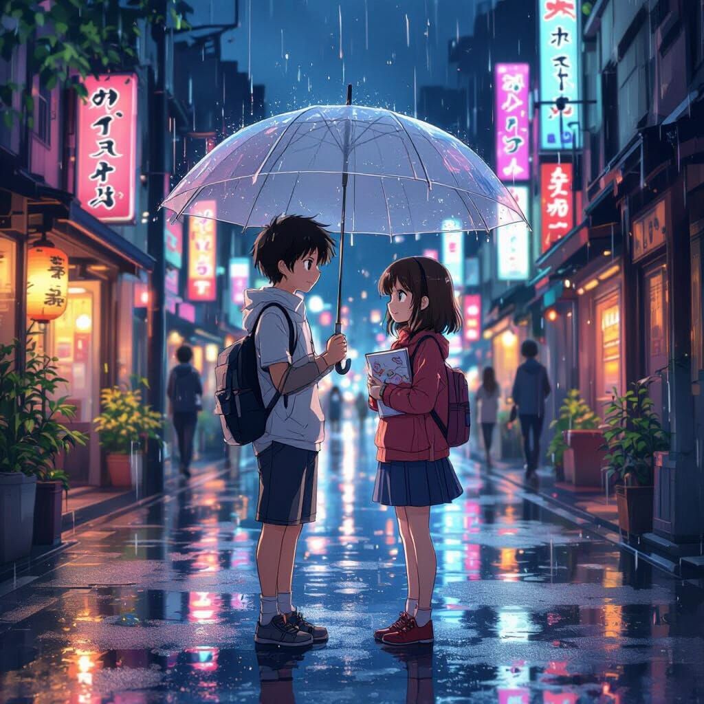 Rainy Japanese Street Scene in Anime Style