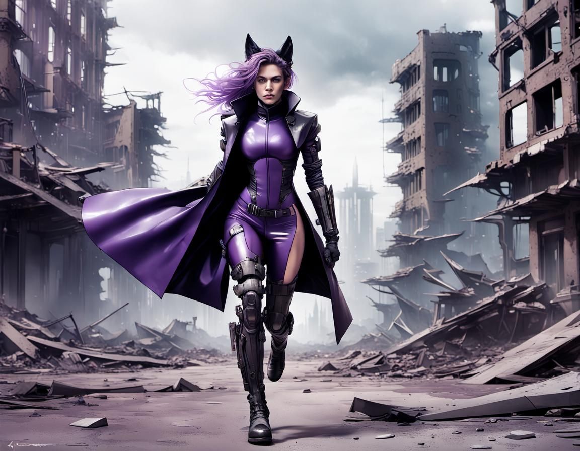 Cyborg Escapes Ruined City in Cyberpunk Style