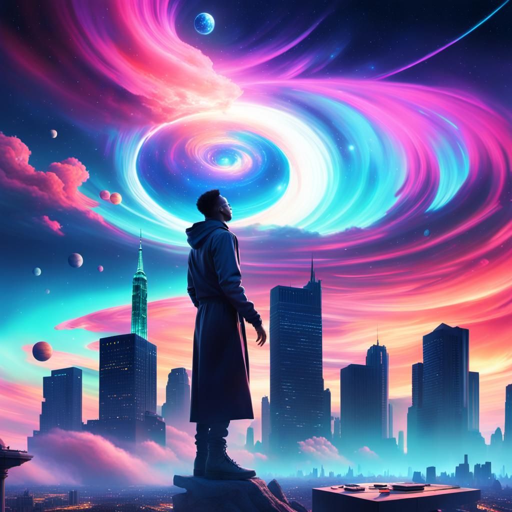 Surreal DJ Performance in a Galaxy Cityscape