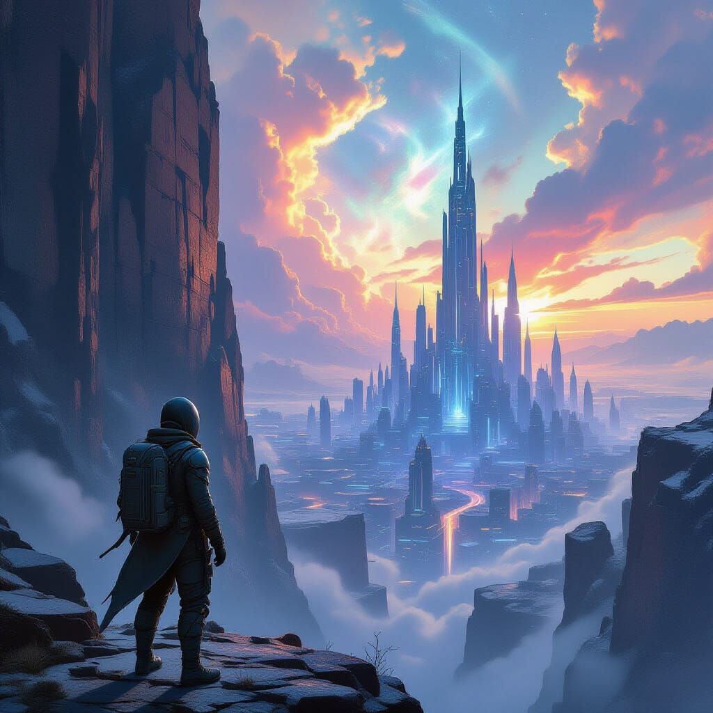 Explorer Gazes at Alien Metropolis in Ethereal Nebula