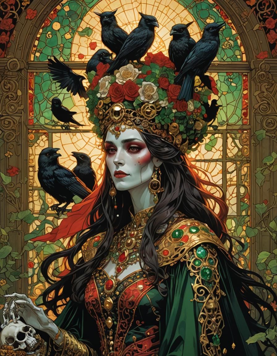 Bejeweled Witch with Familiars in Klimt Style