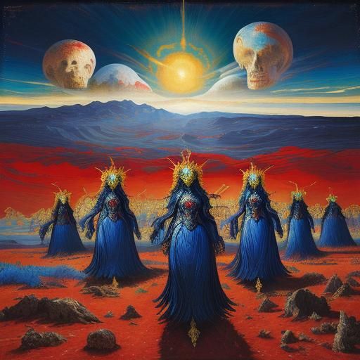 Cosmic Characters in Landscape, Oil Painting Style