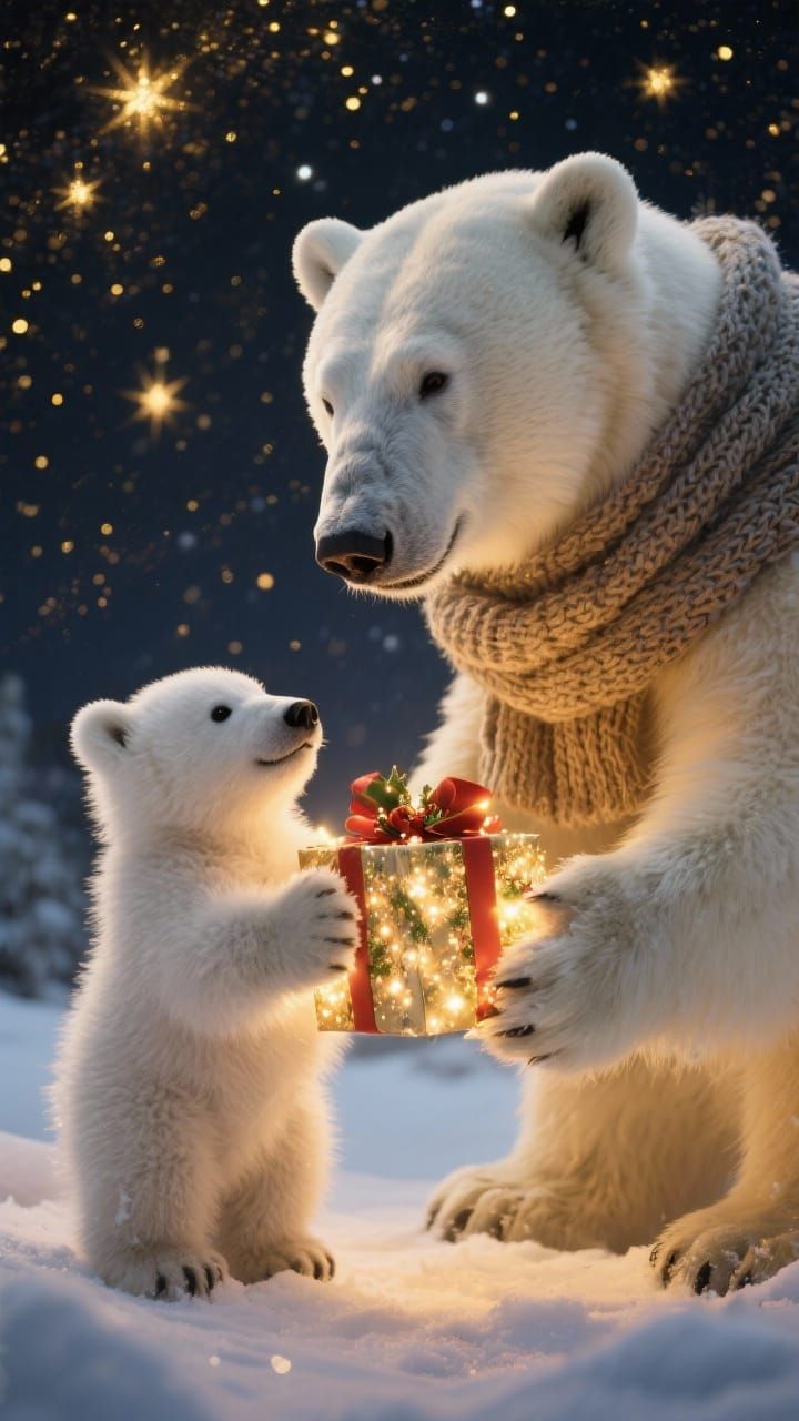 Polar Bears Share Christmas Joy on Snowy Night