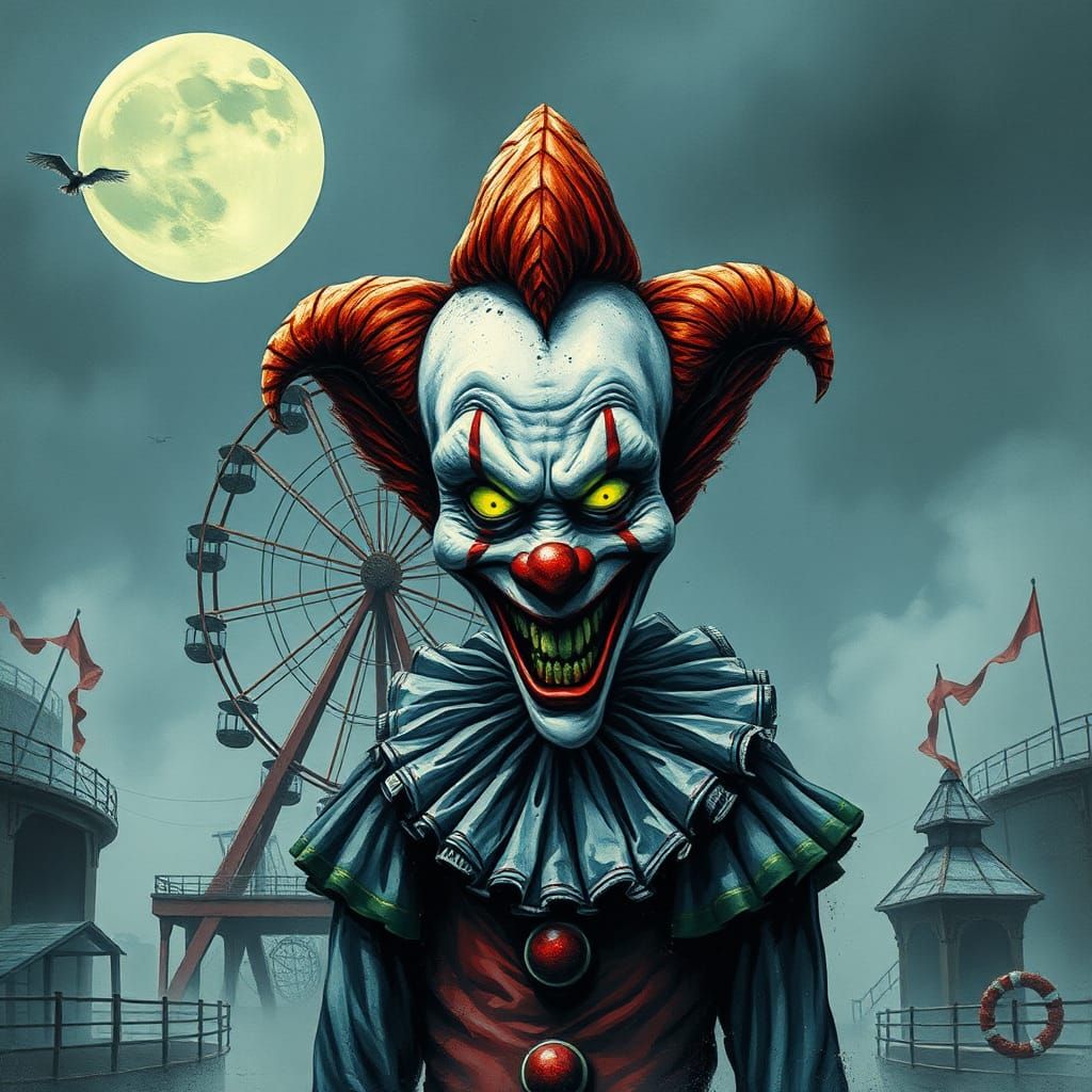 Creepy Clown in Abandoned Circus, Hyperdetailed Watercolor