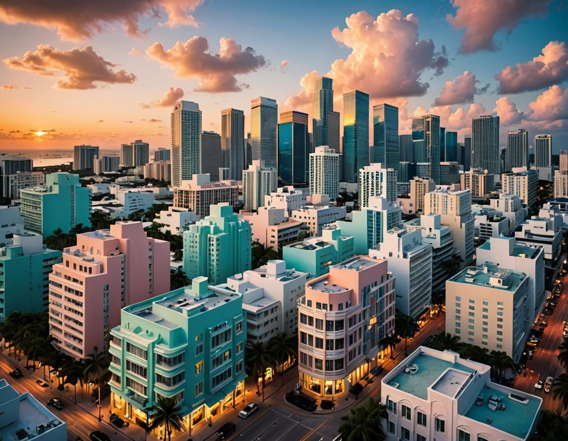 Miami Art Deco Cityscape in Hokusai-Van Gogh Fusion