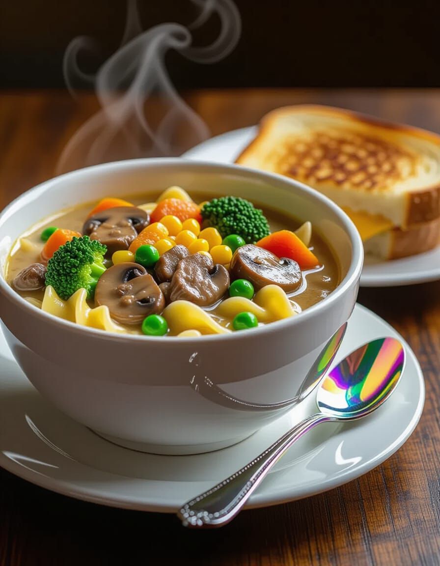Steaming Beef Stew with Grilled Cheese and Rainbow Spoon