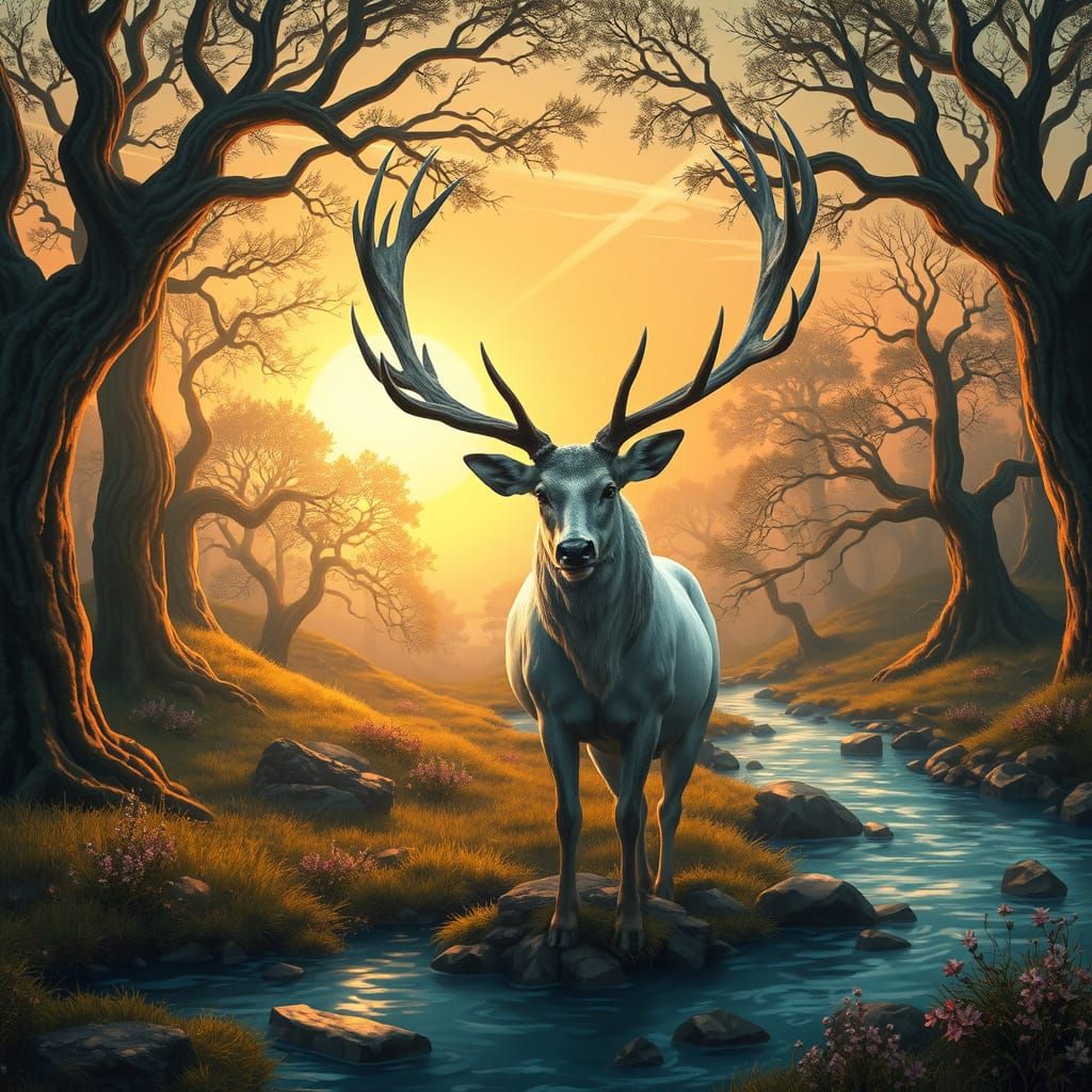 Great White Stag in Mystical Forest Clearing