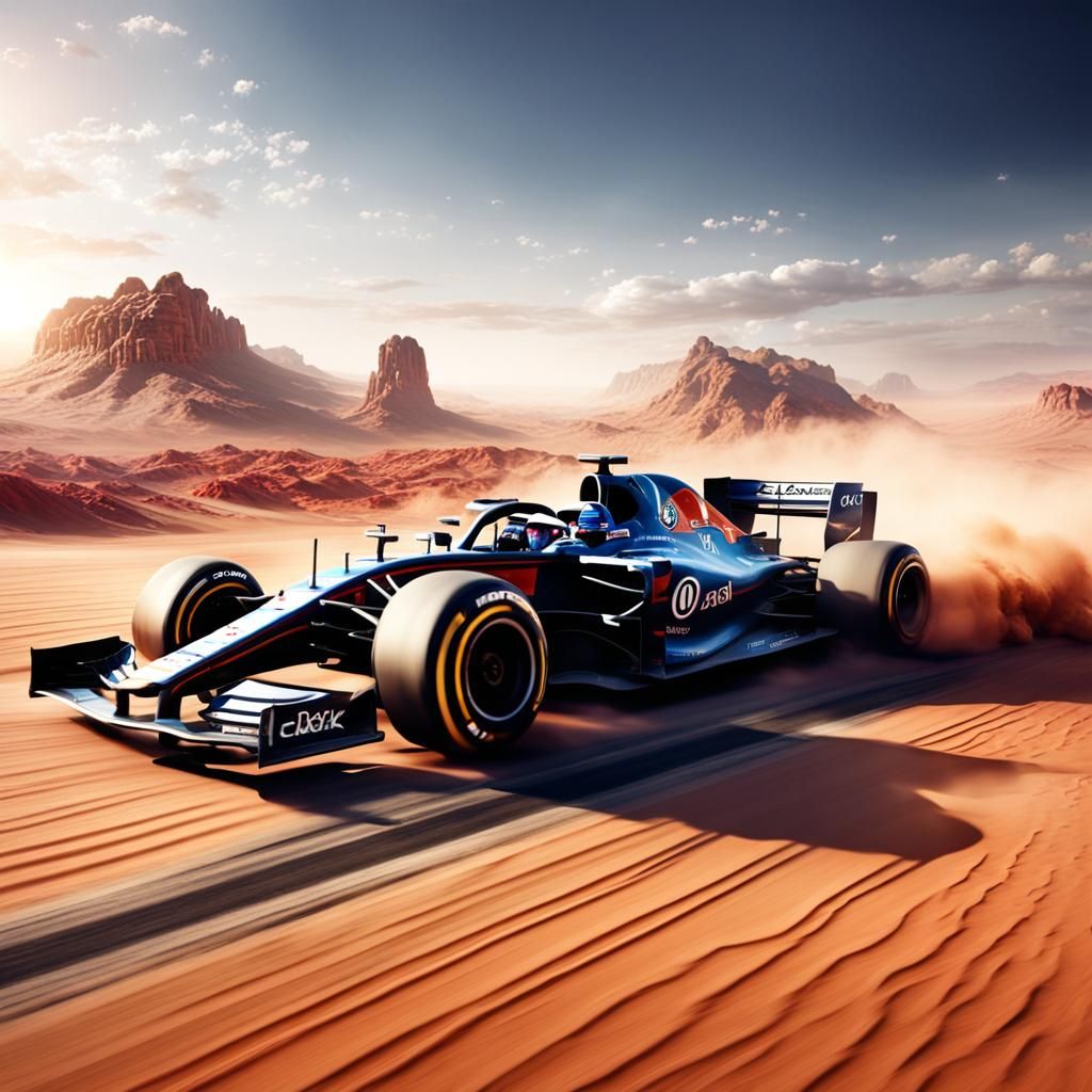 F1 Car Races on Desert Track in Detailed Digital Painting