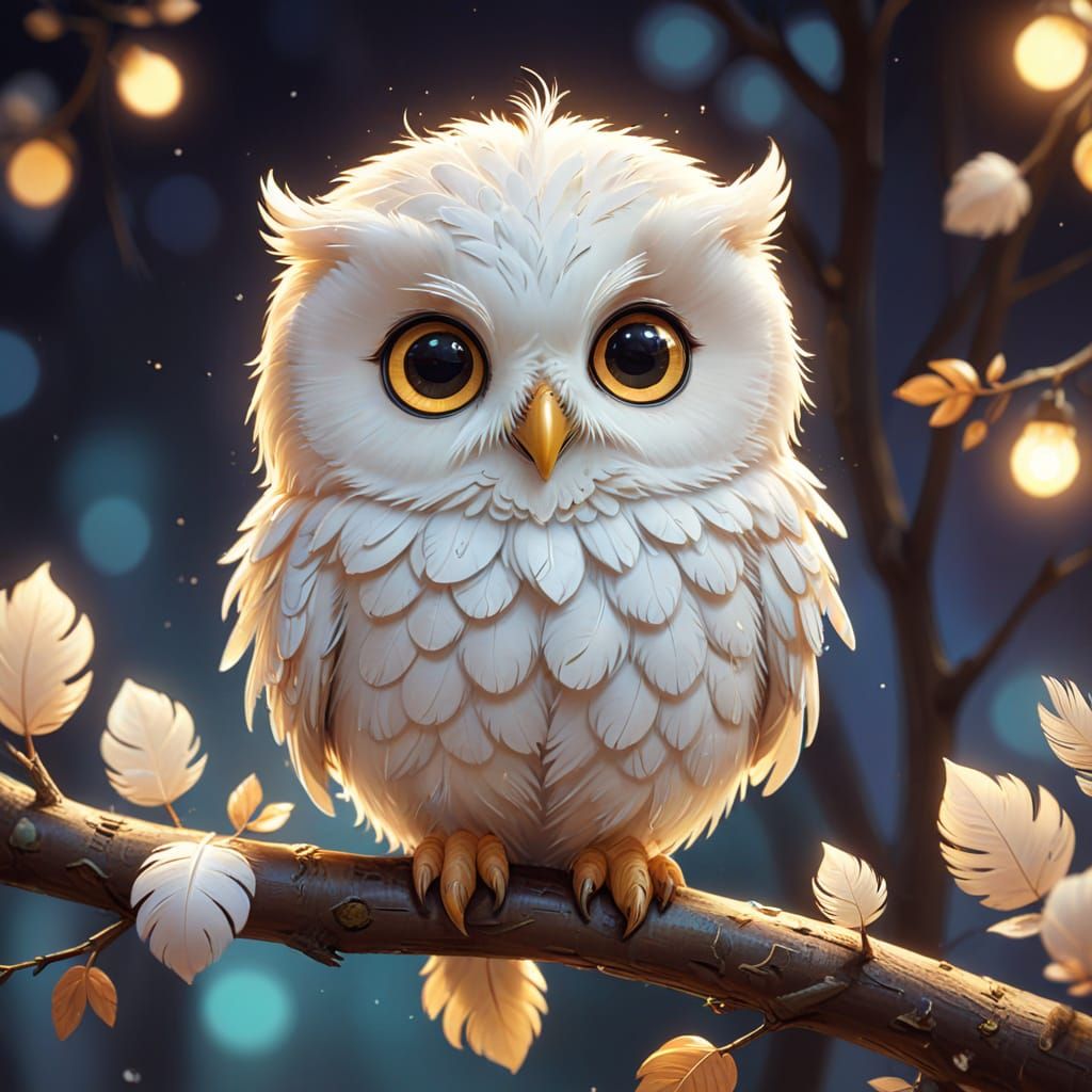Chibi White Owl Portrait in Kawaii Style