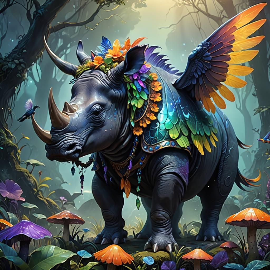Fantasy Rhino-Octopus-Toucan Hybrid on Glowing Mushroom