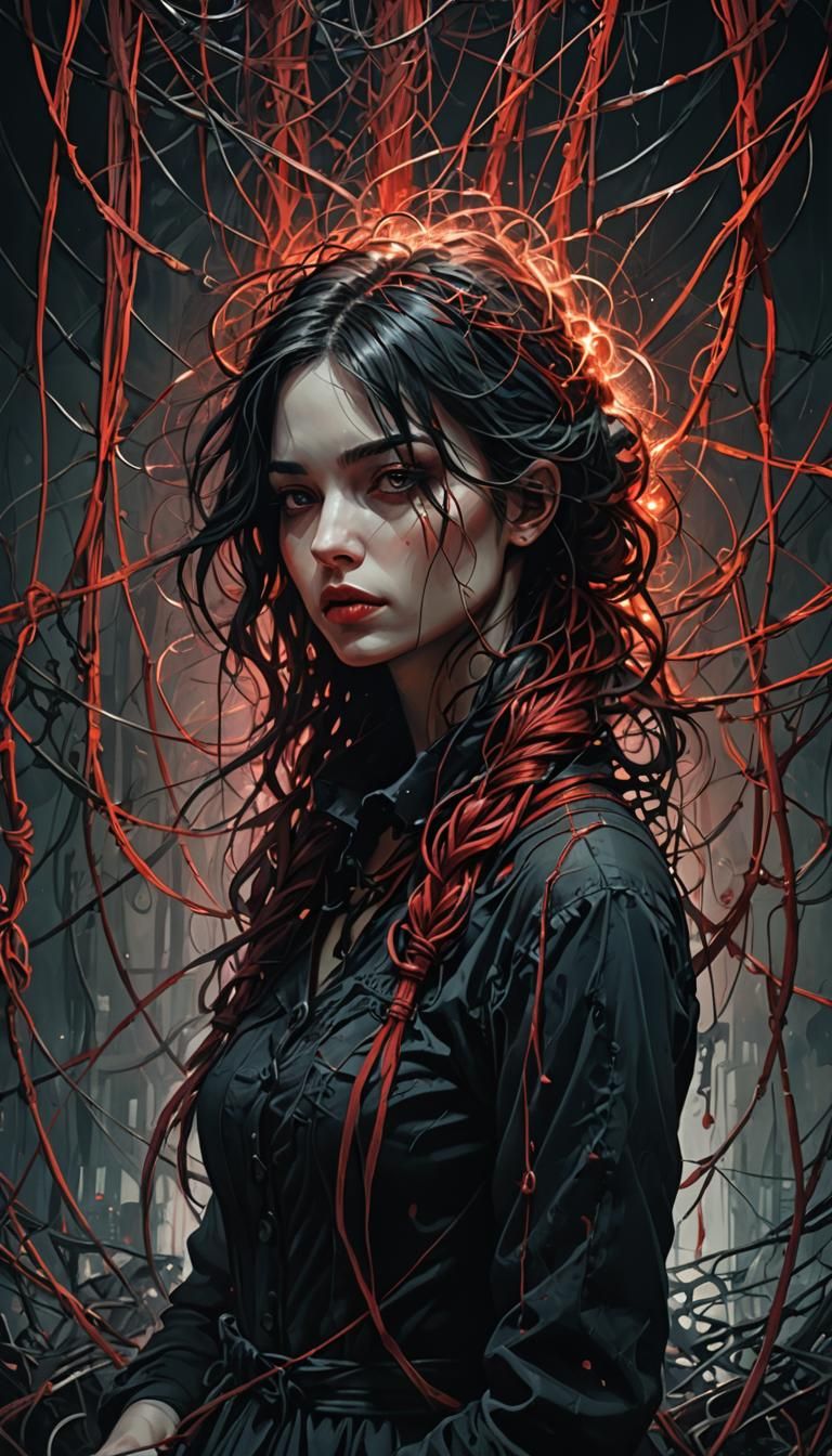 Surrealist Woman Surrounded by Magic Threads