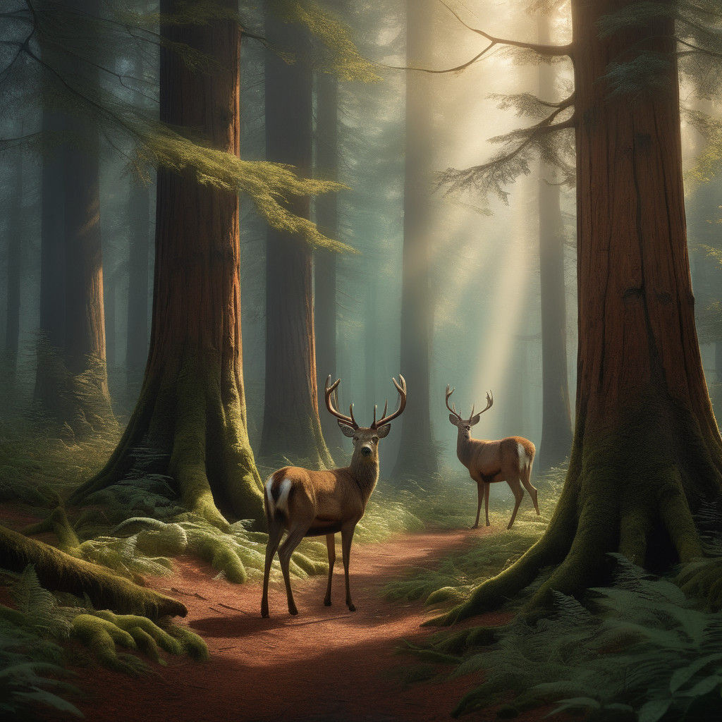 Vibrant Herd of Deer in a Redwood Forest