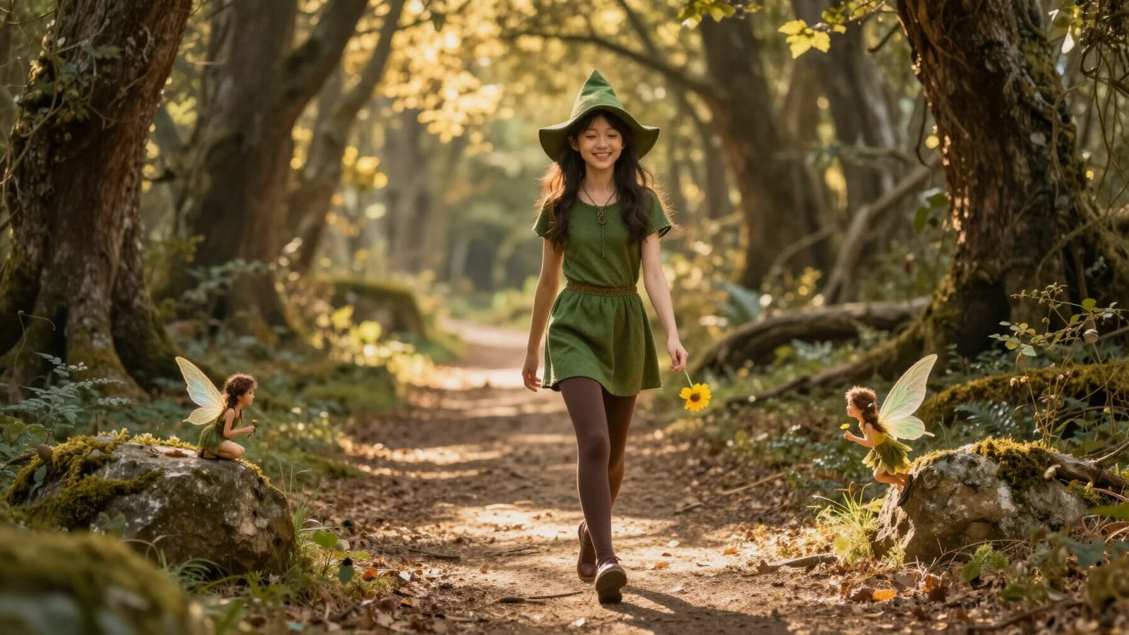 Asian Elf Girl in Enchanted Forest with Fairy