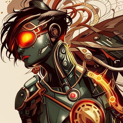 Steampunk Ultron Digital Painting with Golden Outlines