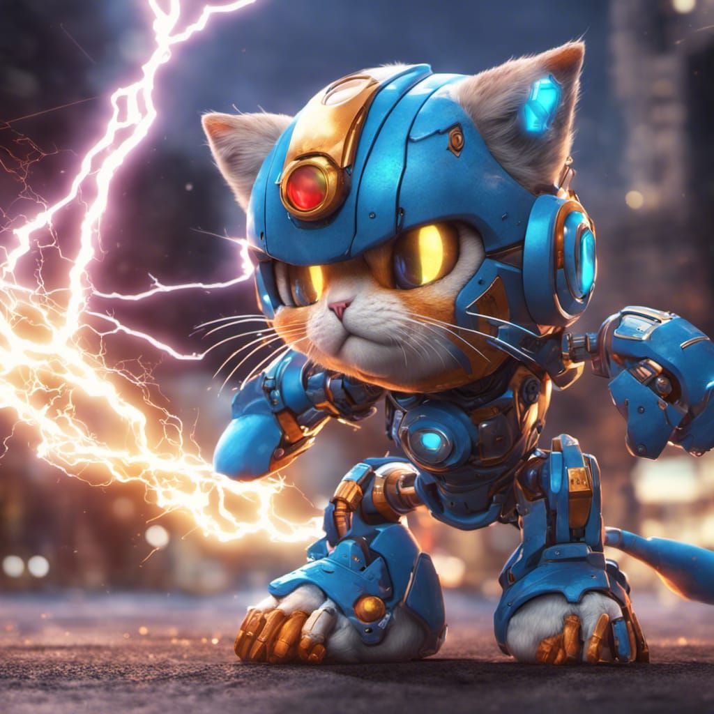 Cyborg Megaman Cat with Lightning, Hyperrealistic Art