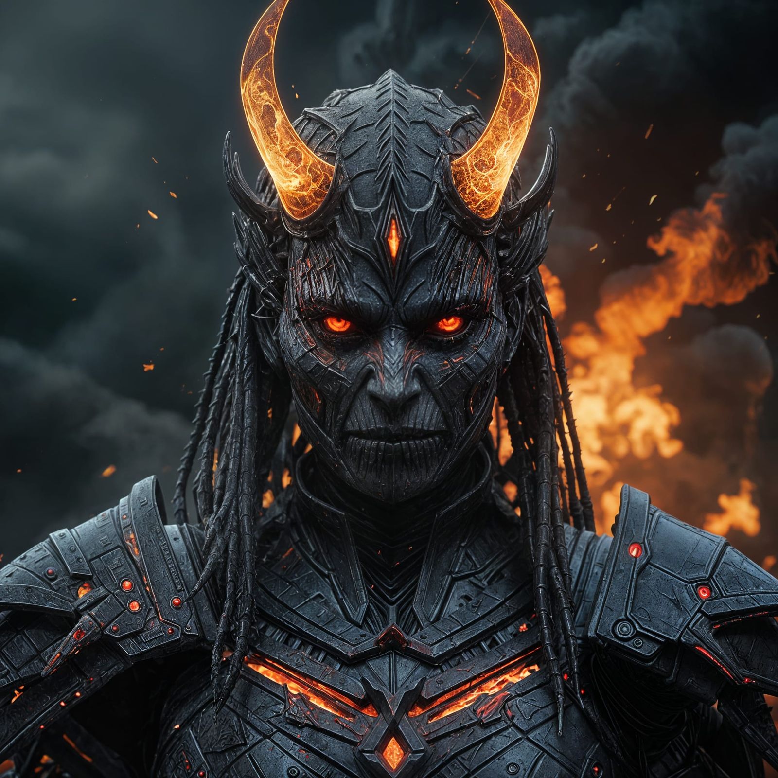Demonic Queen in Obsidian Armor: Hyperrealistic Hellscape
