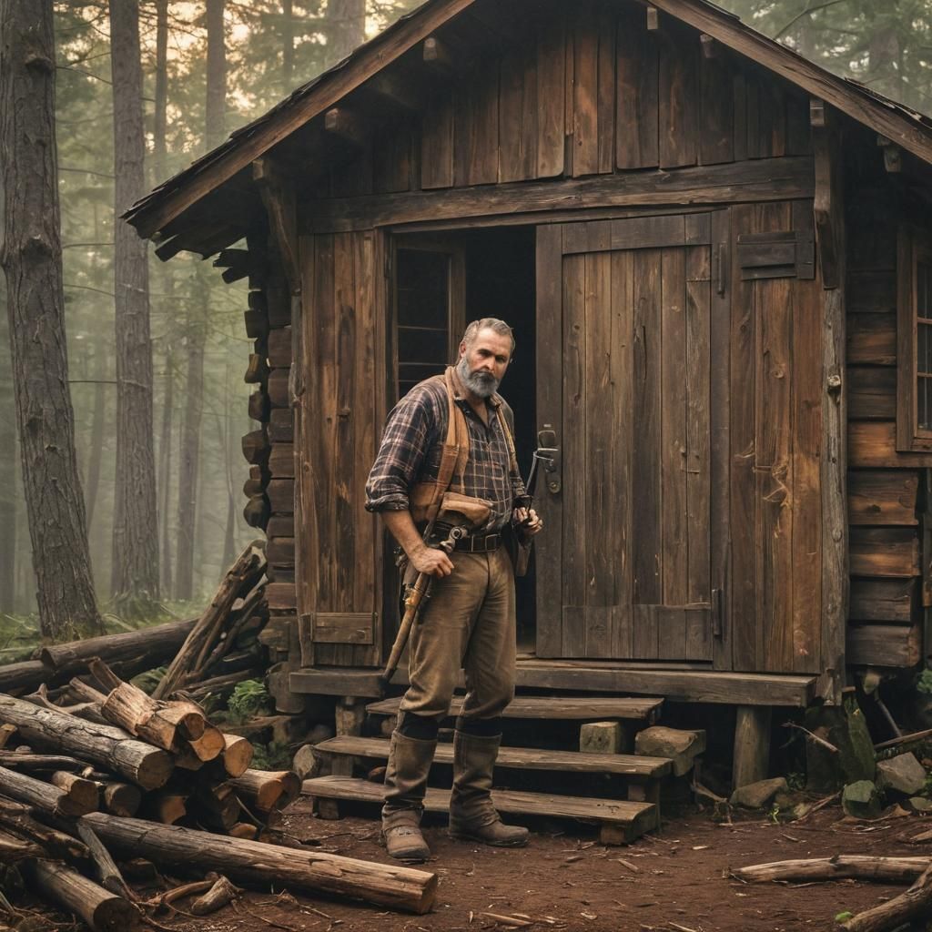 Lumberjack in Misty Forest Landscape Art