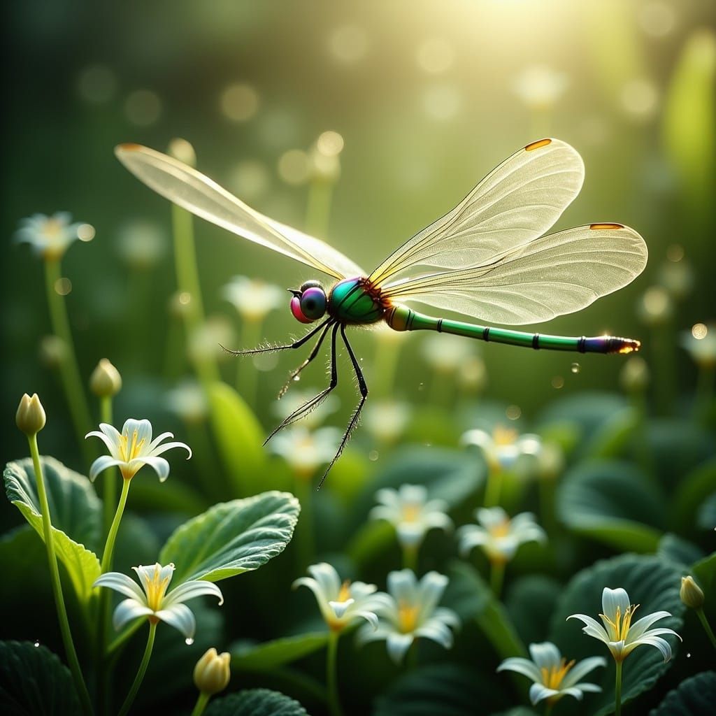 Whimsical Dragonfly Basks in Enchanted Pond, in Dreamy, Roma...